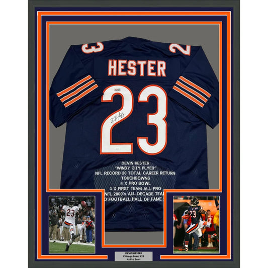 Framed Autographed Devin Hester 35x39 Chicago Blue Stat Football Jersey JSA COA | Hall of Fame Sports Memorabilia | vintageantiquesgifts.com