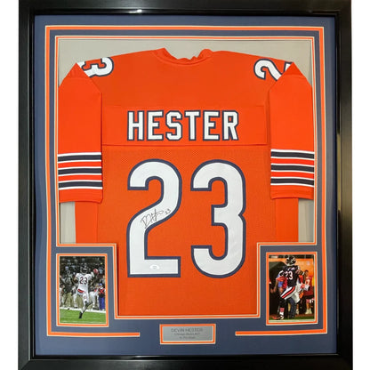Framed autographed Devin Hester Chicago Bears orange jersey with number 23