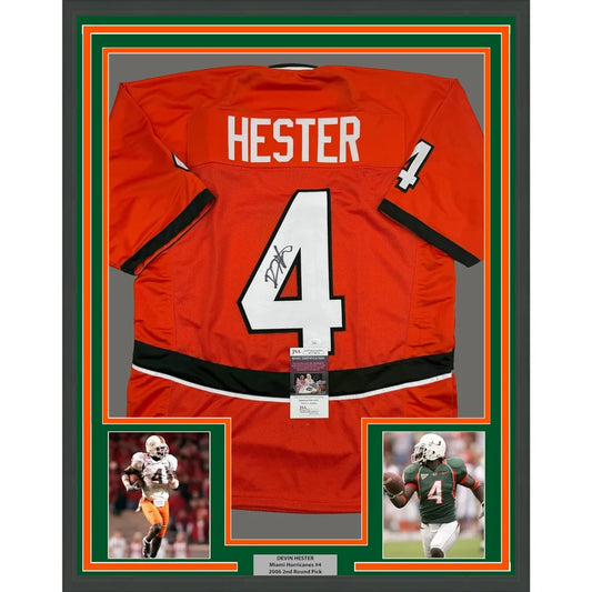 Framed Devin Hester signed Miami Hurricanes football jersey with two player photos