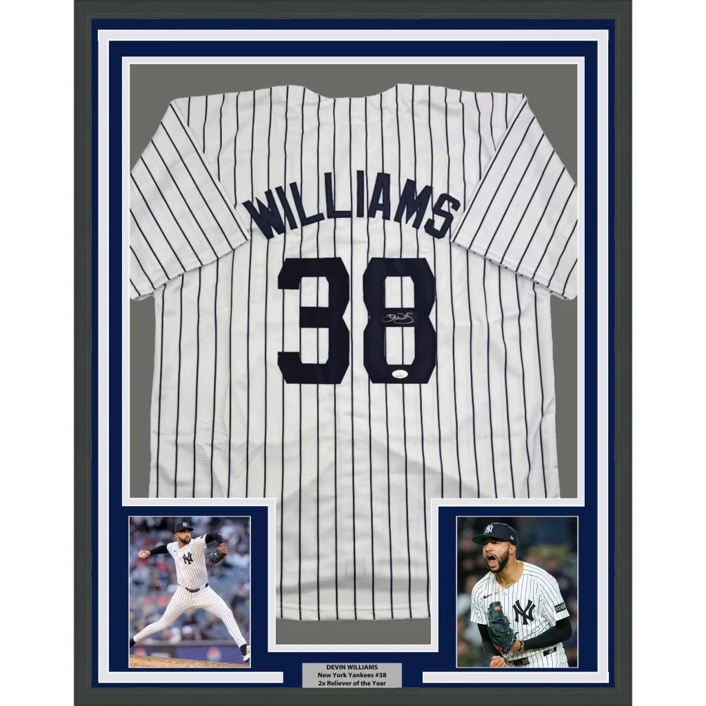 Framed autographed Devin Williams New York Yankees pinstripe jersey with number 38