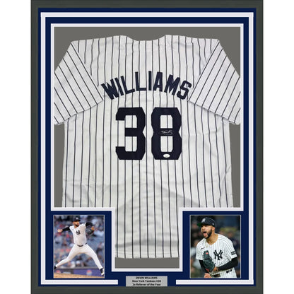 Framed autographed Devin Williams New York Yankees pinstripe jersey with number 38