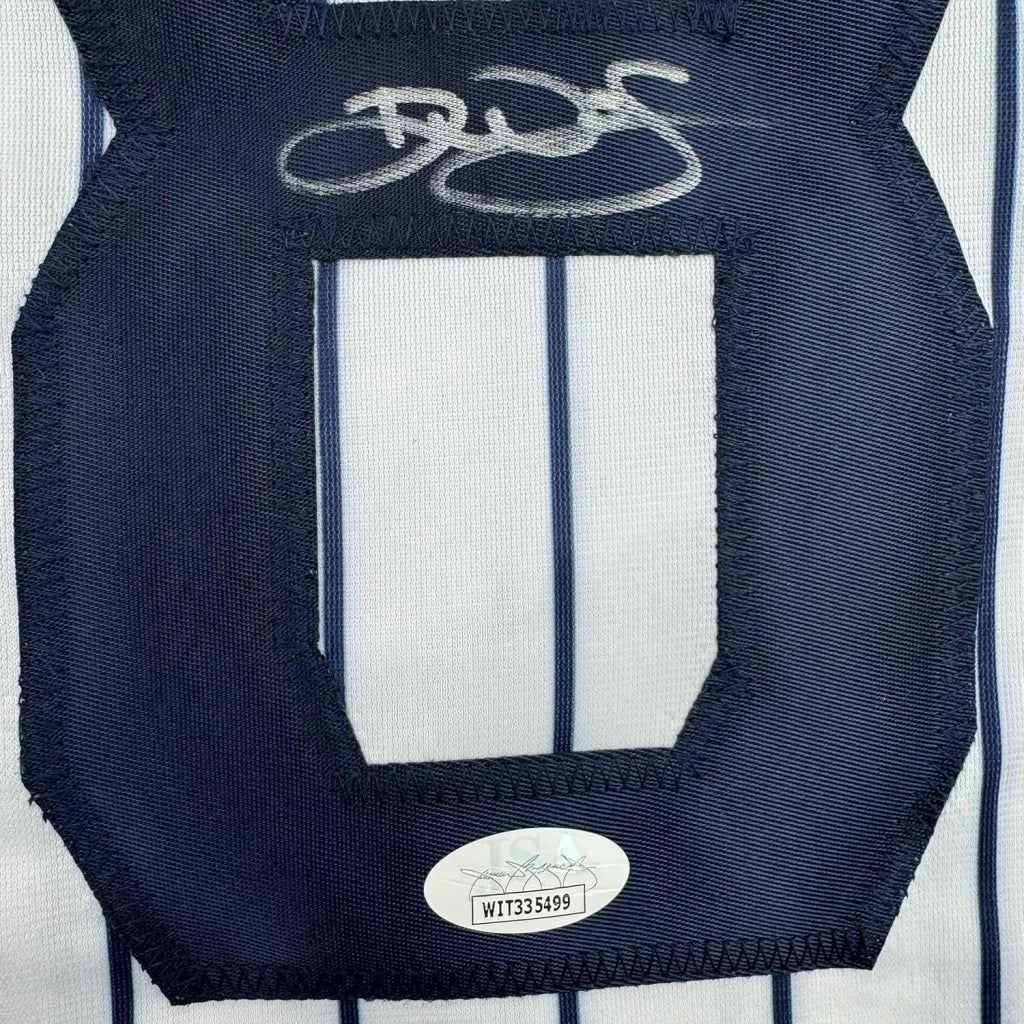White pinstriped Devin Williams Yankees jersey with signature, JSA COA, professionally framed