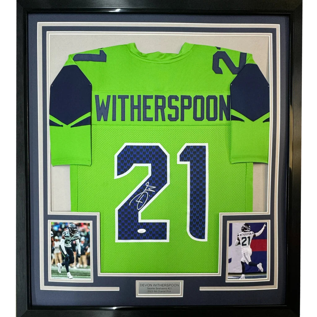 Bright green Devon Witherspoon autographed jersey with JSA COA for your man cave display