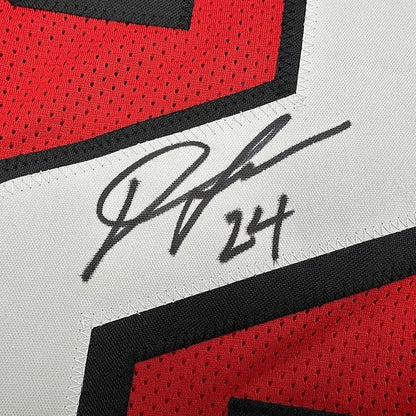 Framed autographed Devonta Freeman black ink signature 24 on Atlanta red jersey