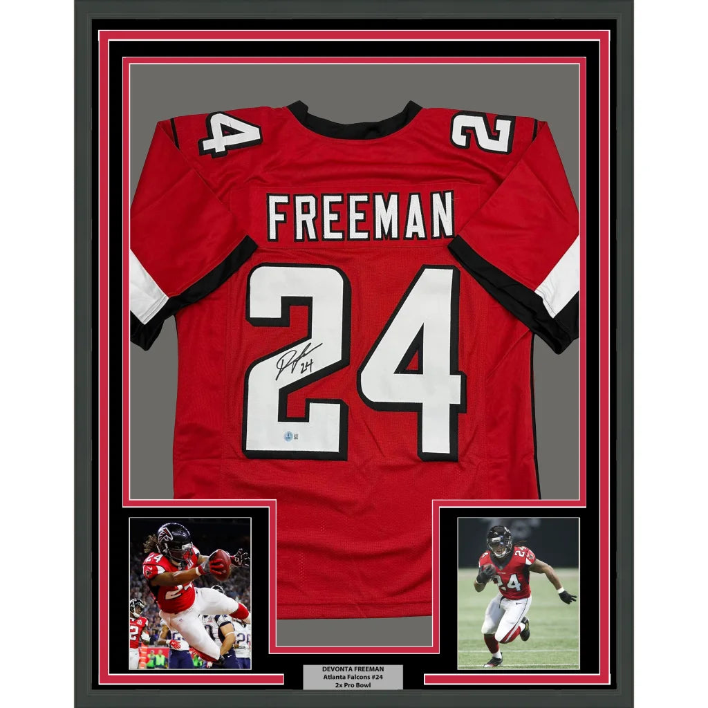Framed autographed Devonta Freeman Atlanta Falcons red jersey back, #24, Beckett BAS COA