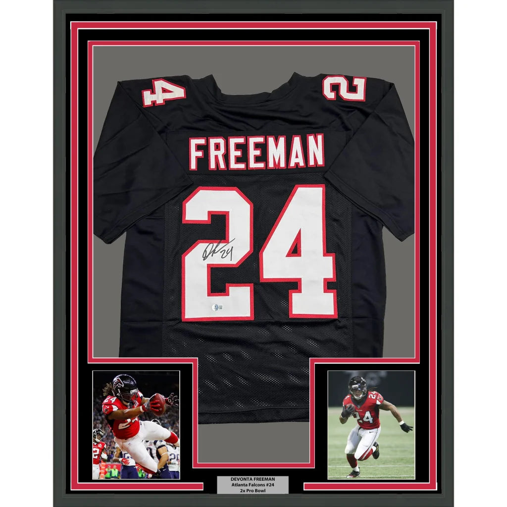 Framed autographed Devonta Freeman black Atlanta Falcons jersey back, #24