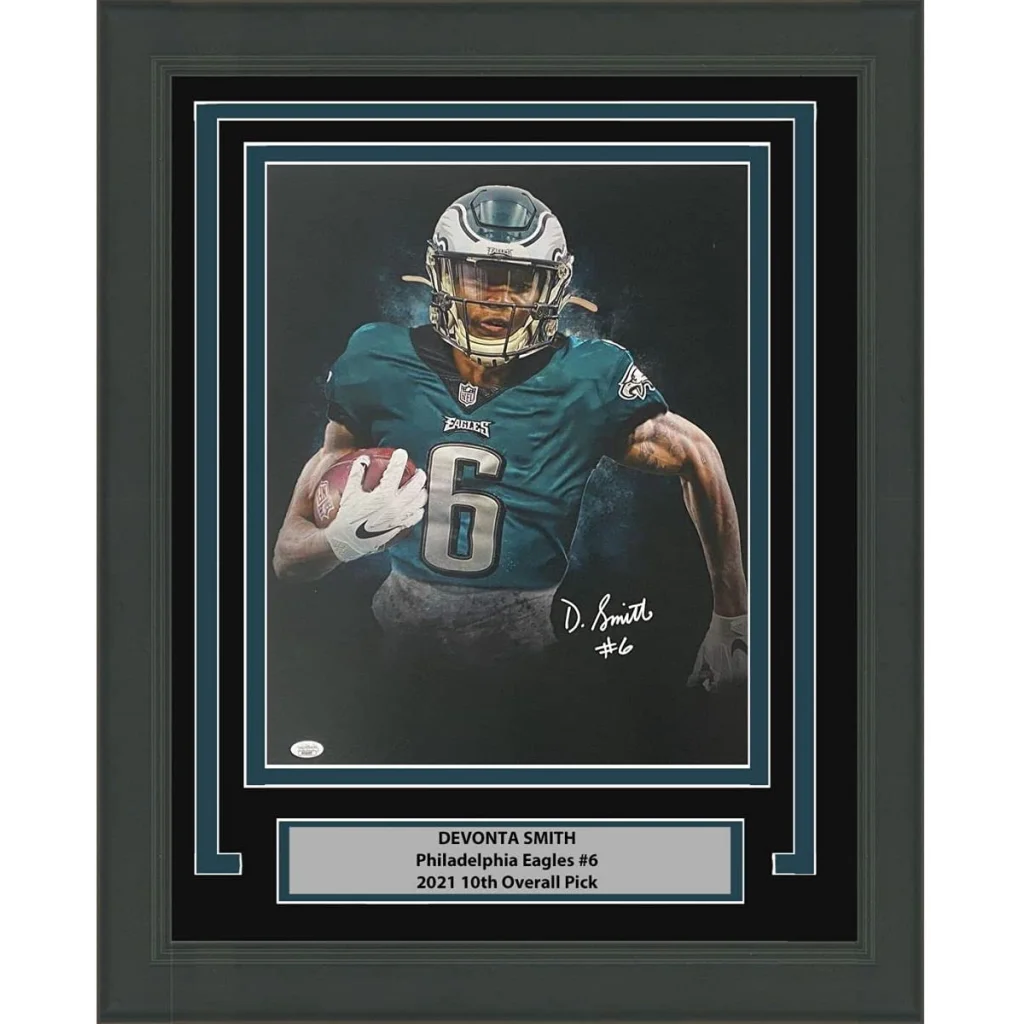 Framed autographed DeVonta Smith Eagles 16x20 photo with JSA COA