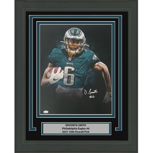 Framed Autographed DeVonta Smith Philadelphia Eagles 16x20 Football Photo JSA COA | Hall of Fame Sports Memorabilia | vintageantiquesgifts.com