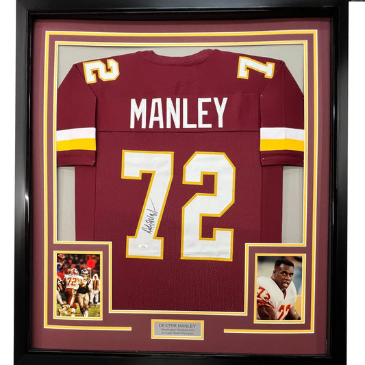 Framed Autographed Dexter Manley 35x39 Washington Burgundy Football Jersey JSA COA | Hall of Fame Sports Memorabilia | vintageantiquesgifts.com