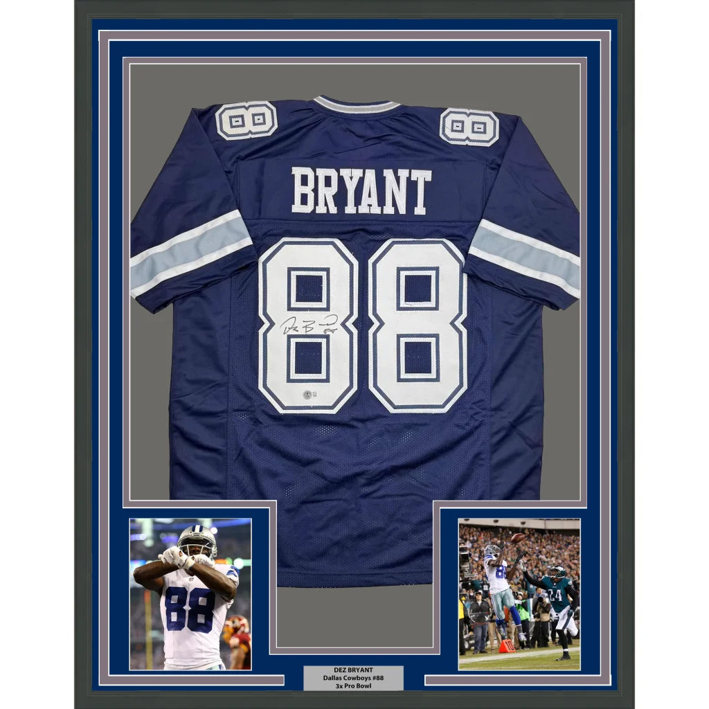 Framed autographed Dez Bryant navy Dallas Cowboys jersey back, number 88