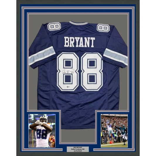 Framed Autographed Dez Bryant 35x39 Dallas Blue Football Jersey Beckett BAS COA | Hall of Fame Sports Memorabilia | vintageantiquesgifts.com