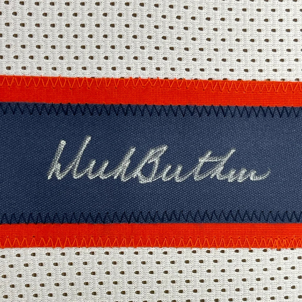 Close-up of white and navy blue Chicago Bears jersey with red trim for man cave display