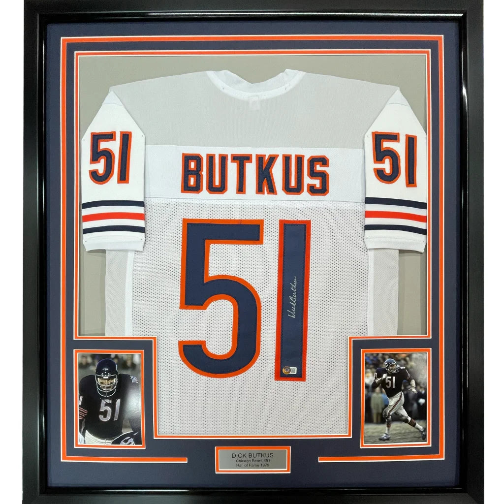 Framed autographed Dick Butkus Chicago Bears white jersey back, number 51