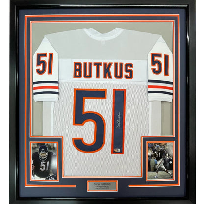 Framed autographed Dick Butkus Chicago Bears white jersey back, number 51