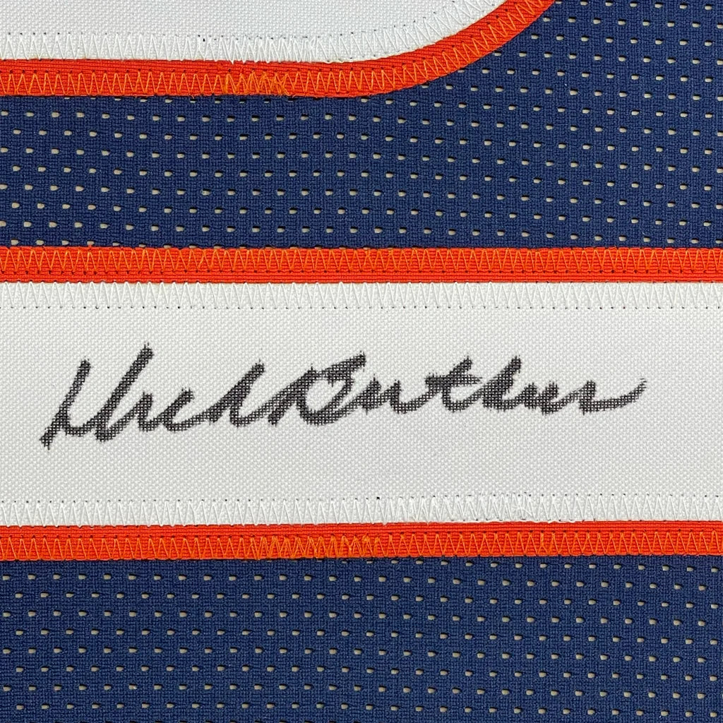Framed autographed navy blue Chicago Bears jersey with Michael Jordan signature