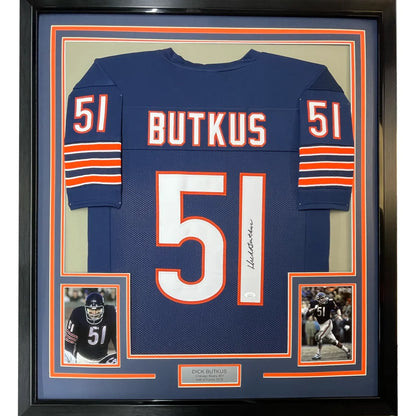 Framed autographed Dick Butkus Chicago Bears navy blue jersey back, #51