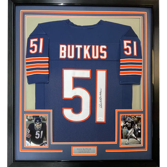Framed autographed Dick Butkus Chicago Bears navy blue jersey back, #51