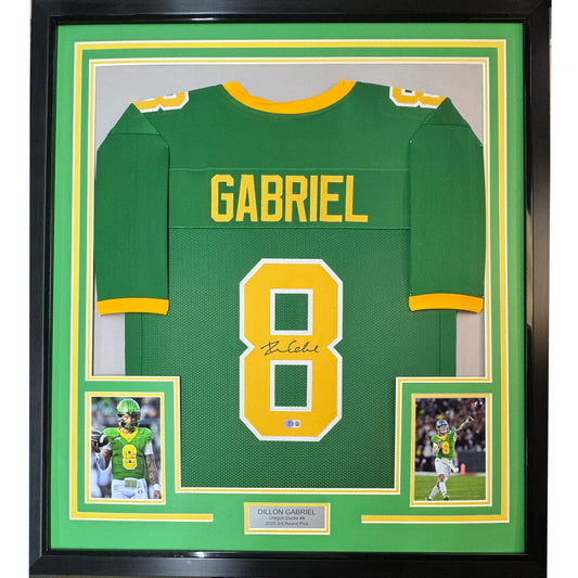 Framed Autographed Dillon Gabriel 35x39 Oregon Green College Football Jersey Beckett BAS COA | Hall of Fame Sports Memorabilia | vintageantiquesgifts.com