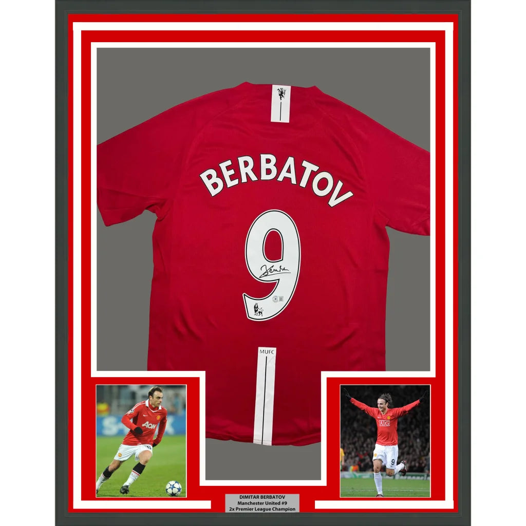 Framed Autographed Dimitar Berbatov 35x39 Manchester United Red Soccer Jersey Beckett BAS COA | Hall of Fame Sports Memorabilia | vintageantiquesgifts.com