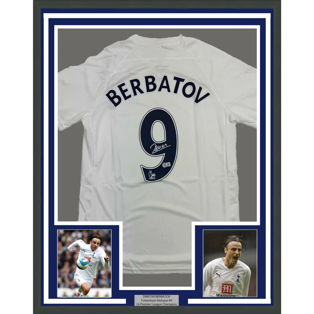 Back side of a white tottenham hotspur soccer jersey with navy blue berbatov number 9 and signature below number framed autographed