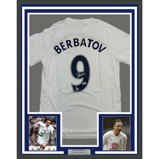 Back side of a white tottenham hotspur soccer jersey with navy blue berbatov number 9 and signature below number framed autographed