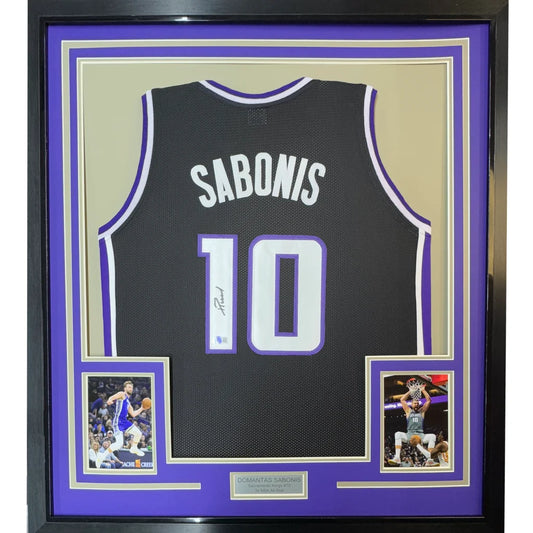 Framed Domantas Sabonis autographed black basketball jersey perfect for your man cave