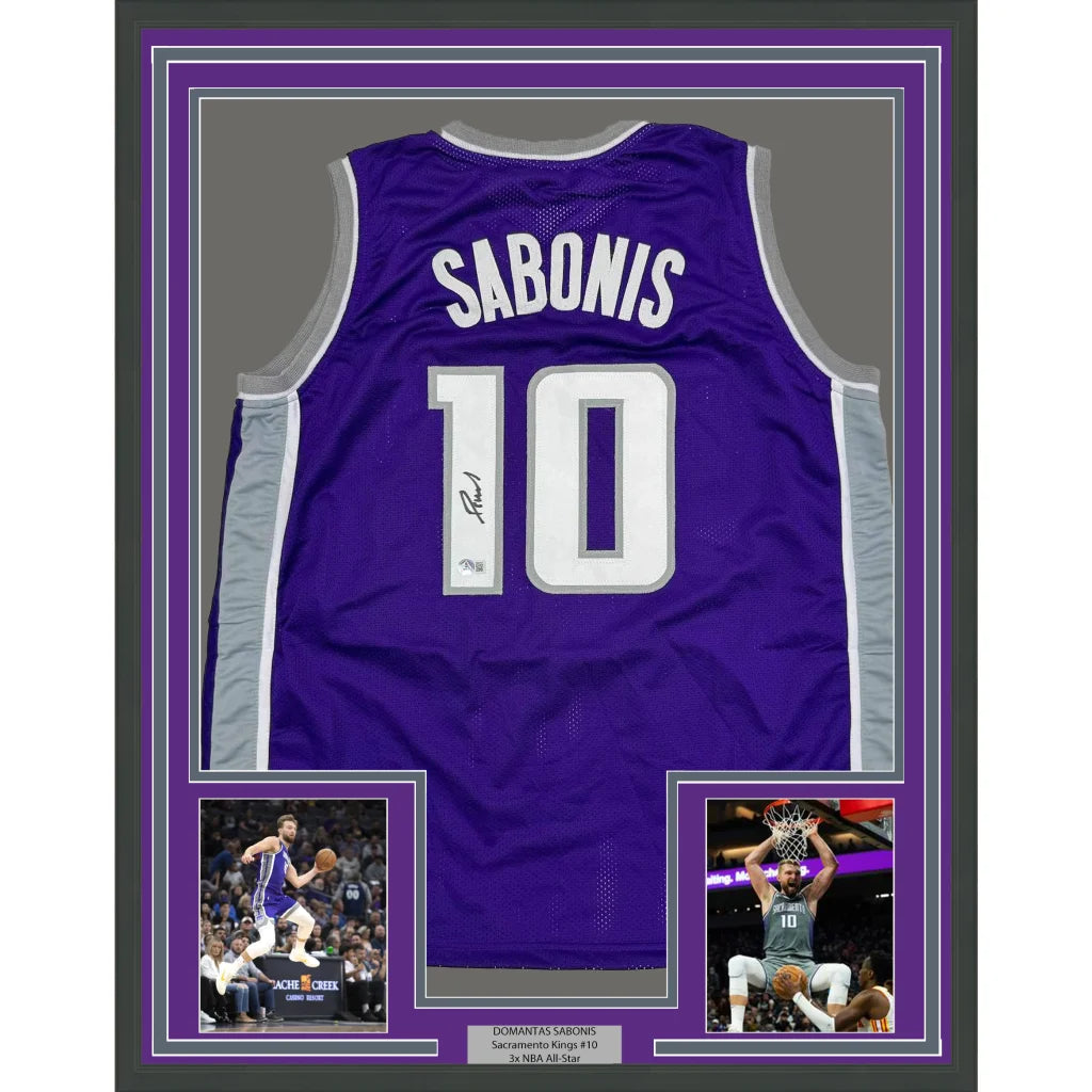 Framed Autographed Domantas Sabonis 35x39 Sacramento Purple Basketball Jersey Beckett BAS COA | Hall of Fame Sports Memorabilia | vintageantiquesgifts.com