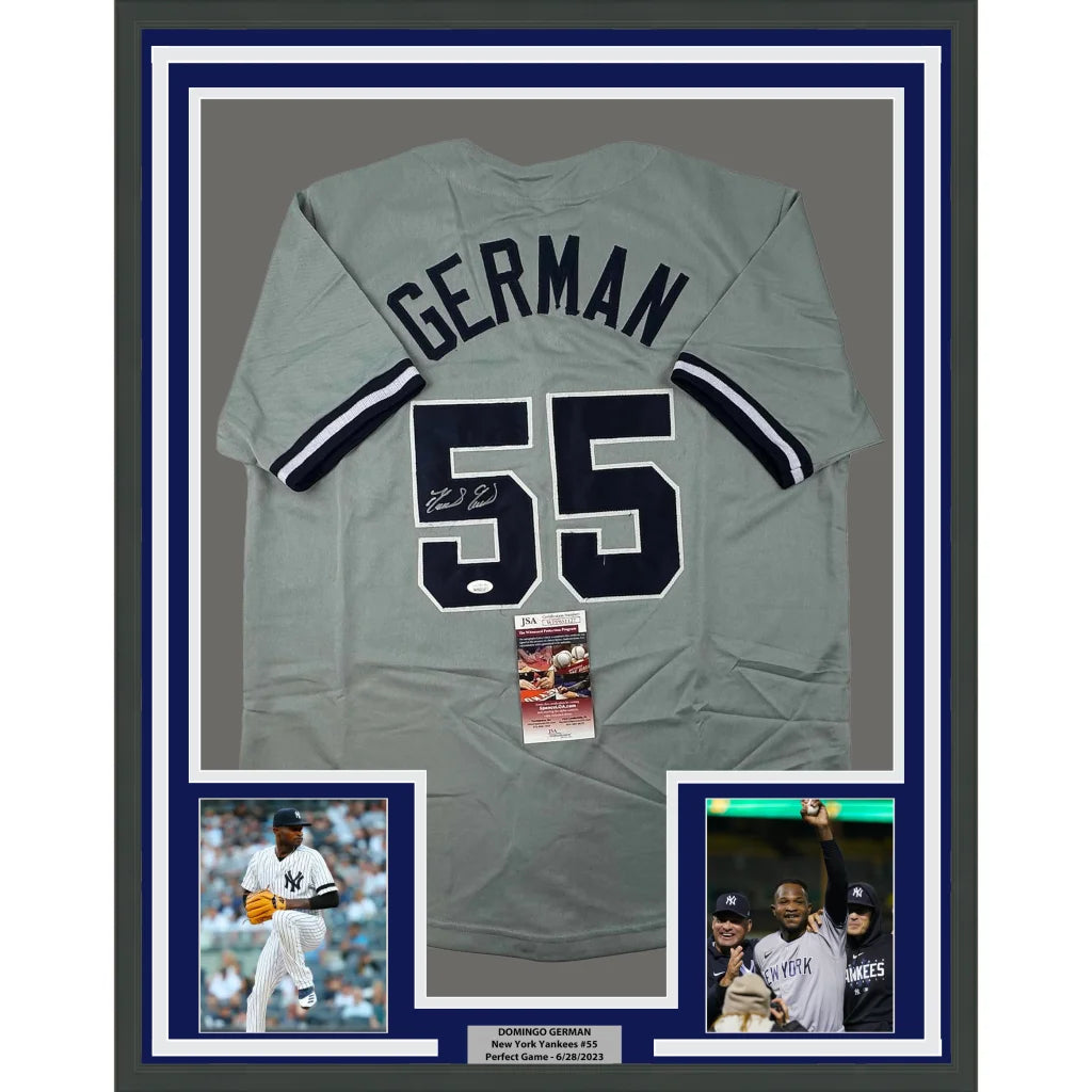 Framed Autographed Domingo German 35x39 New York Grey Baseball Jersey JSA COA | Hall of Fame Sports Memorabilia | vintageantiquesgifts.com