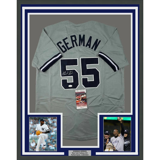 Framed Autographed Domingo German 35x39 New York Grey Baseball Jersey JSA COA | Hall of Fame Sports Memorabilia | vintageantiquesgifts.com