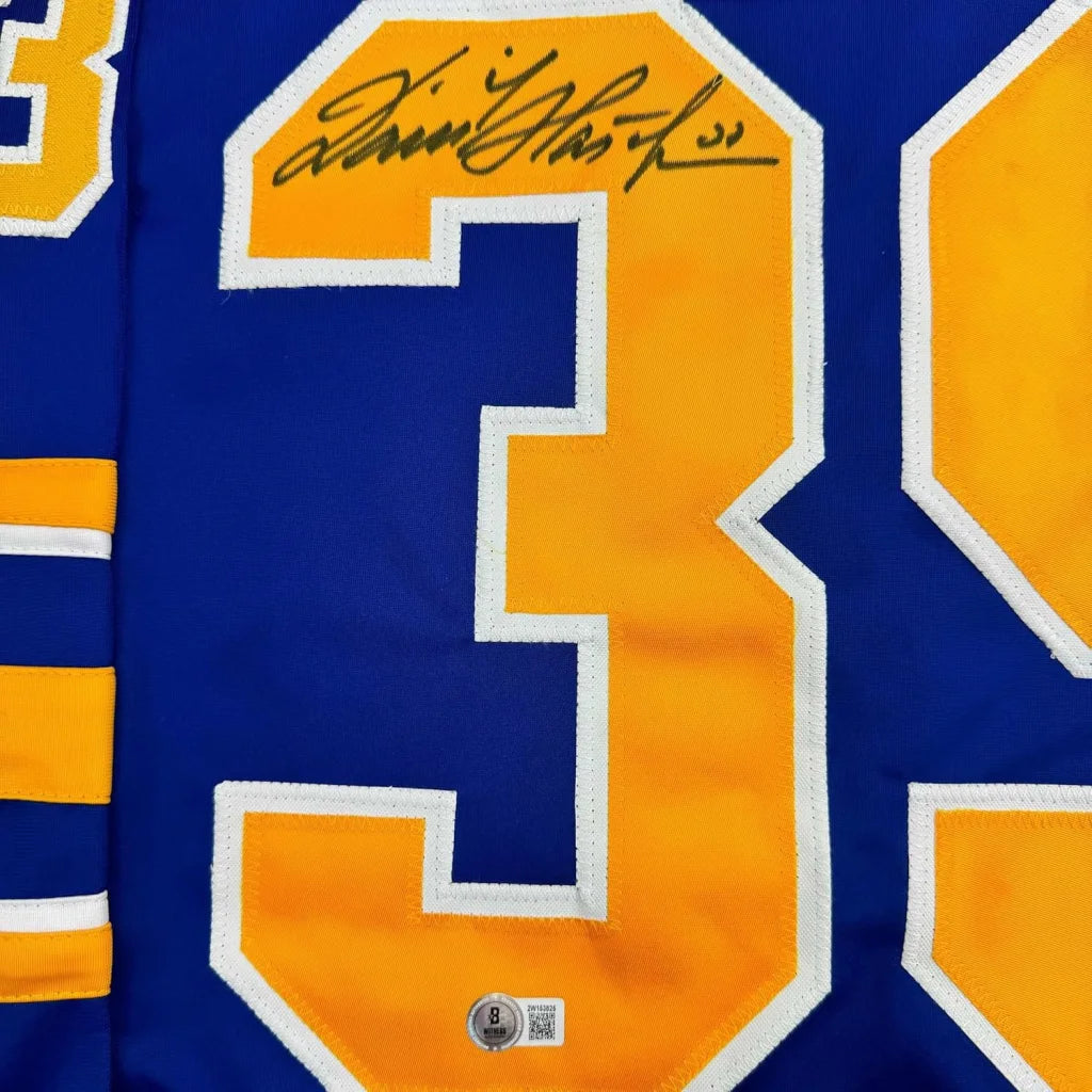 Blue and gold Dominik Hasek Buffalo Sabres autographed hockey jersey ready to ship