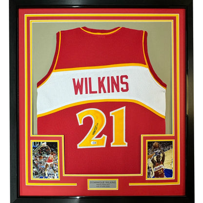 Framed Autographed Dominique Wilkins 35x39 Atlanta Red Basketball Jersey PSA/DNA COA | Hall of Fame Sports Memorabilia | vintageantiquesgifts.com