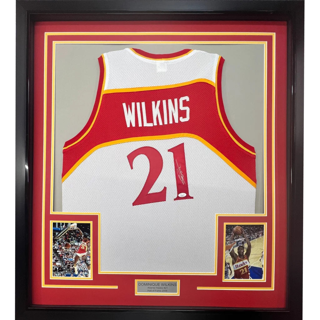 Framed Autographed Dominique Wilkins 35x39 Atlanta White Basketball Jersey PSA/DNA COA | Hall of Fame Sports Memorabilia | vintageantiquesgifts.com