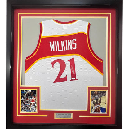 Framed Autographed Dominique Wilkins 35x39 Atlanta White Basketball Jersey PSA/DNA COA | Hall of Fame Sports Memorabilia | vintageantiquesgifts.com