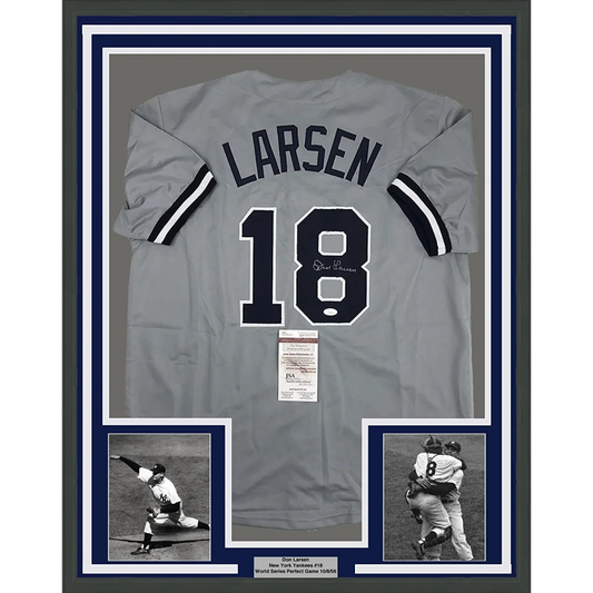 Framed Don Larsen Yankees jersey with autograph and photos for fans and collectors