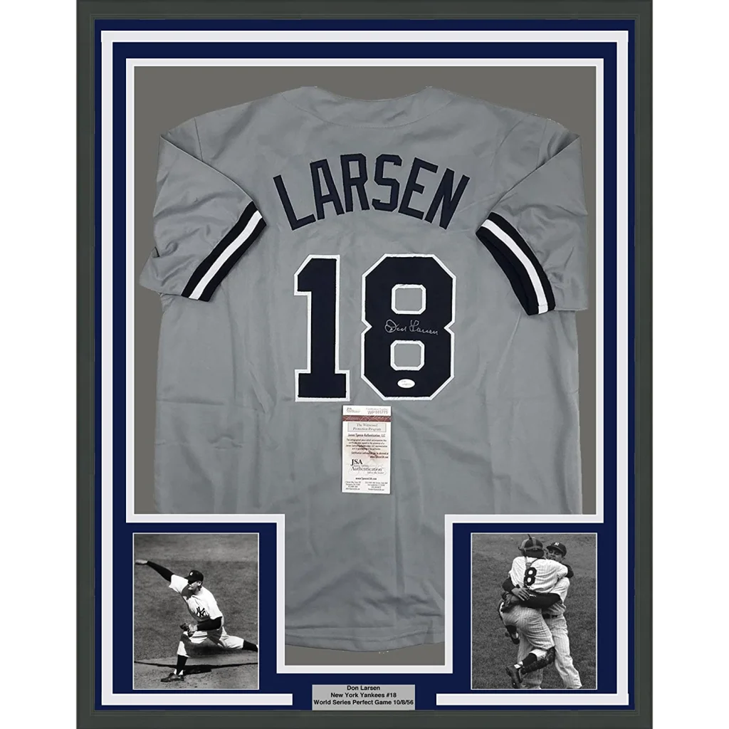 Framed Autographed Don Larsen 35x39 New York Grey Baseball Jersey JSA COA | Hall of Fame Sports Memorabilia | vintageantiquesgifts.com