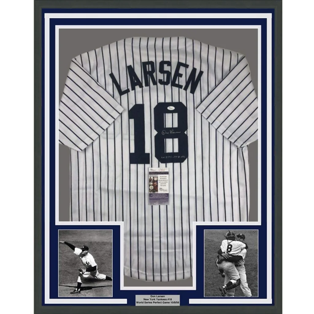 Framed Autographed Don Larsen 35x39 New York Pinstripe Baseball Jersey JSA COA | Hall of Fame Sports Memorabilia | vintageantiquesgifts.com