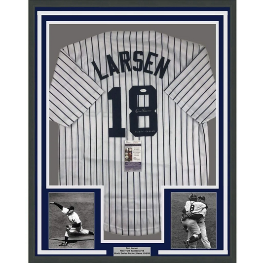 Framed Autographed Don Larsen 35x39 New York Pinstripe Baseball Jersey JSA COA | Hall of Fame Sports Memorabilia | vintageantiquesgifts.com