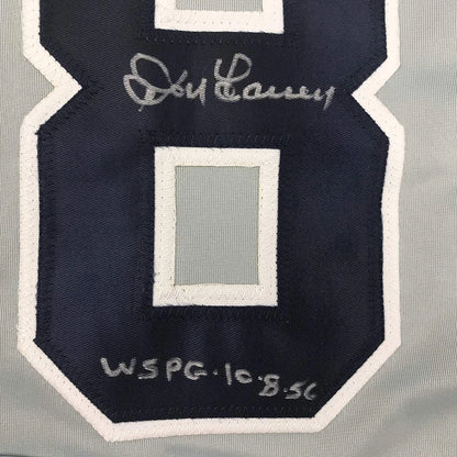 Framed Autographed Don Larsen Inscribed 35x39 New York Grey Baseball Jersey Beckett BAS COA | Certified Authentic Signed Memorabilia | vintageantiquesgifts.com