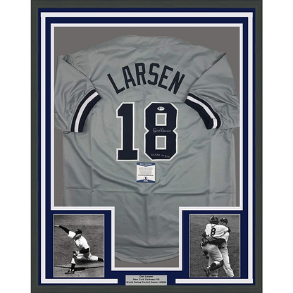 Framed Autographed Don Larsen Inscribed 35x39 New York Grey Baseball Jersey Beckett BAS COA | Hall of Fame Sports Memorabilia | vintageantiquesgifts.com