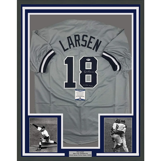 Framed Autographed Don Larsen Inscribed 35x39 New York Grey Baseball Jersey Beckett BAS COA | Hall of Fame Sports Memorabilia | vintageantiquesgifts.com