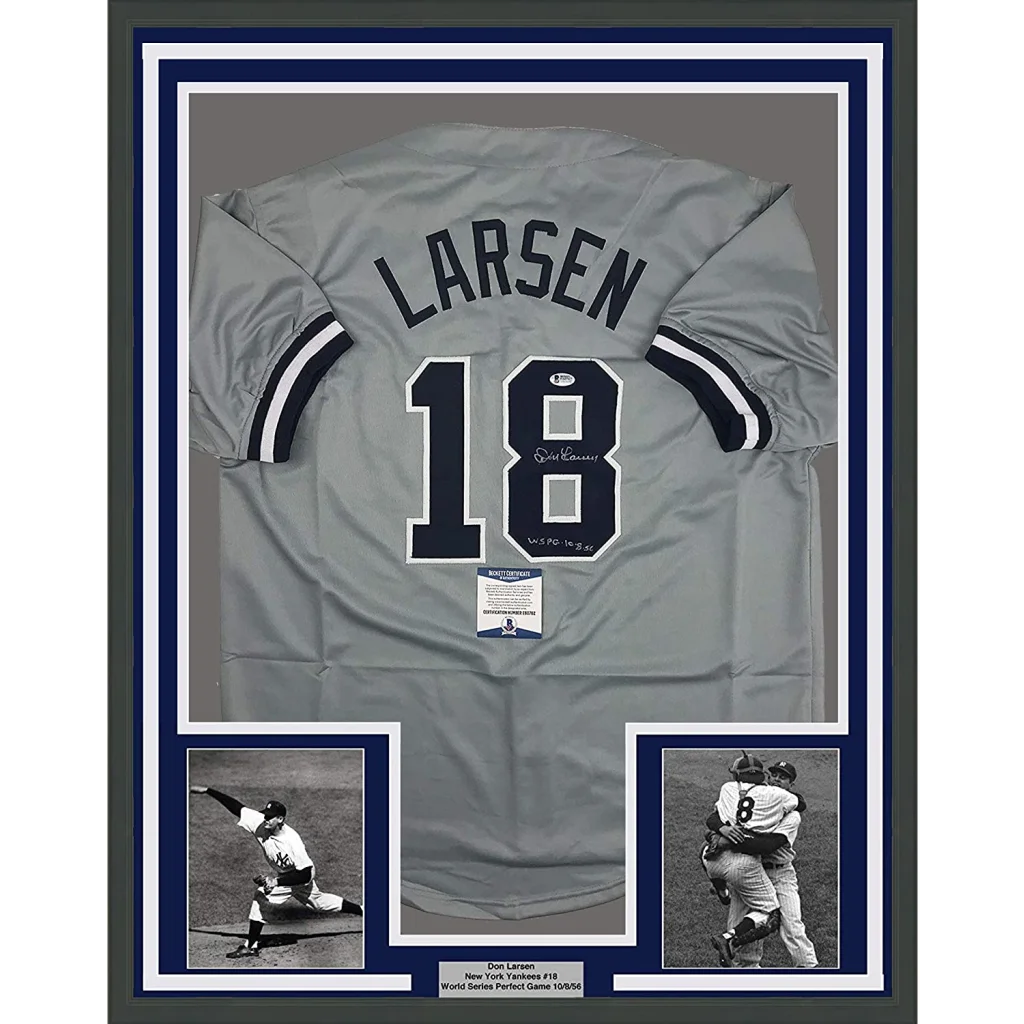 Framed Don Larsen Yankees #18 jersey with photos and plaque for display