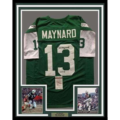 Framed Joe Maynard New York Jets autographed jersey with two action shots for sale