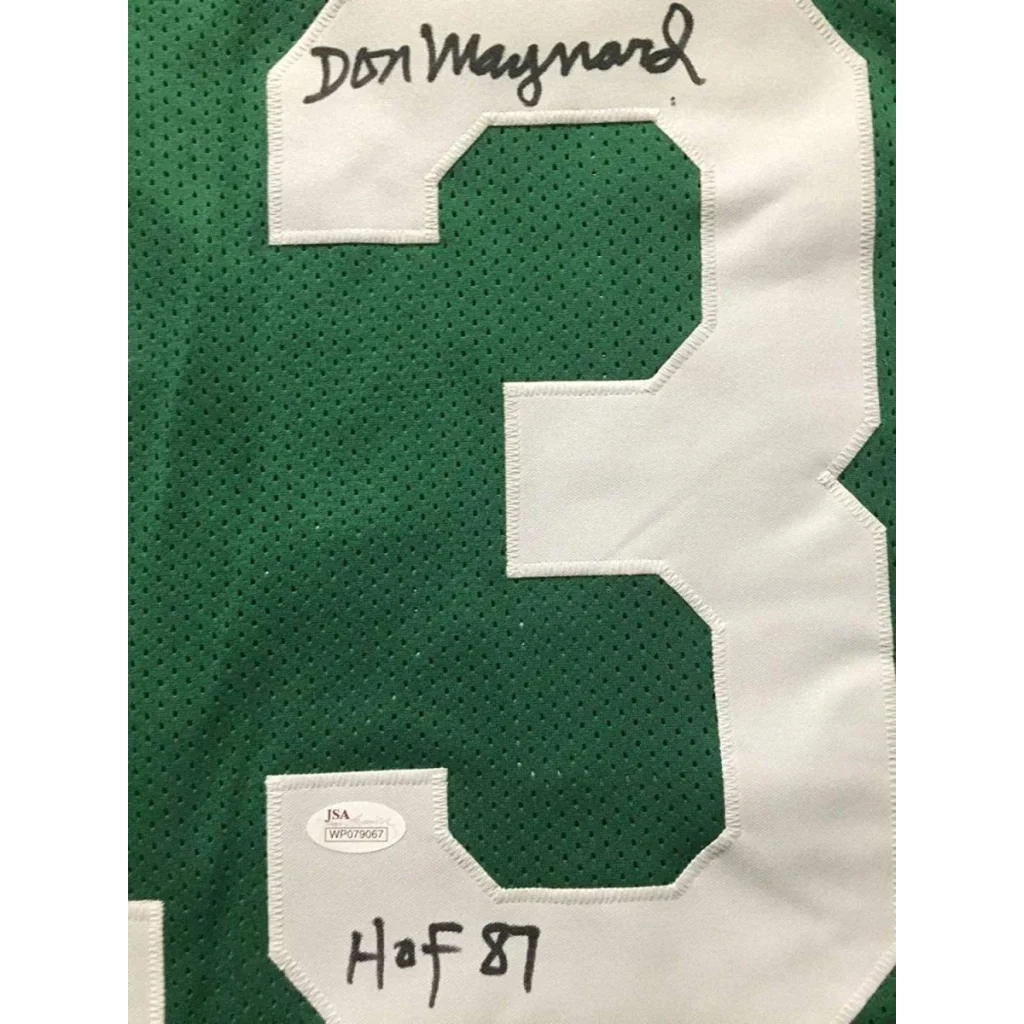 Green Joe Maynard Jets jersey with white number 3 and action photos display