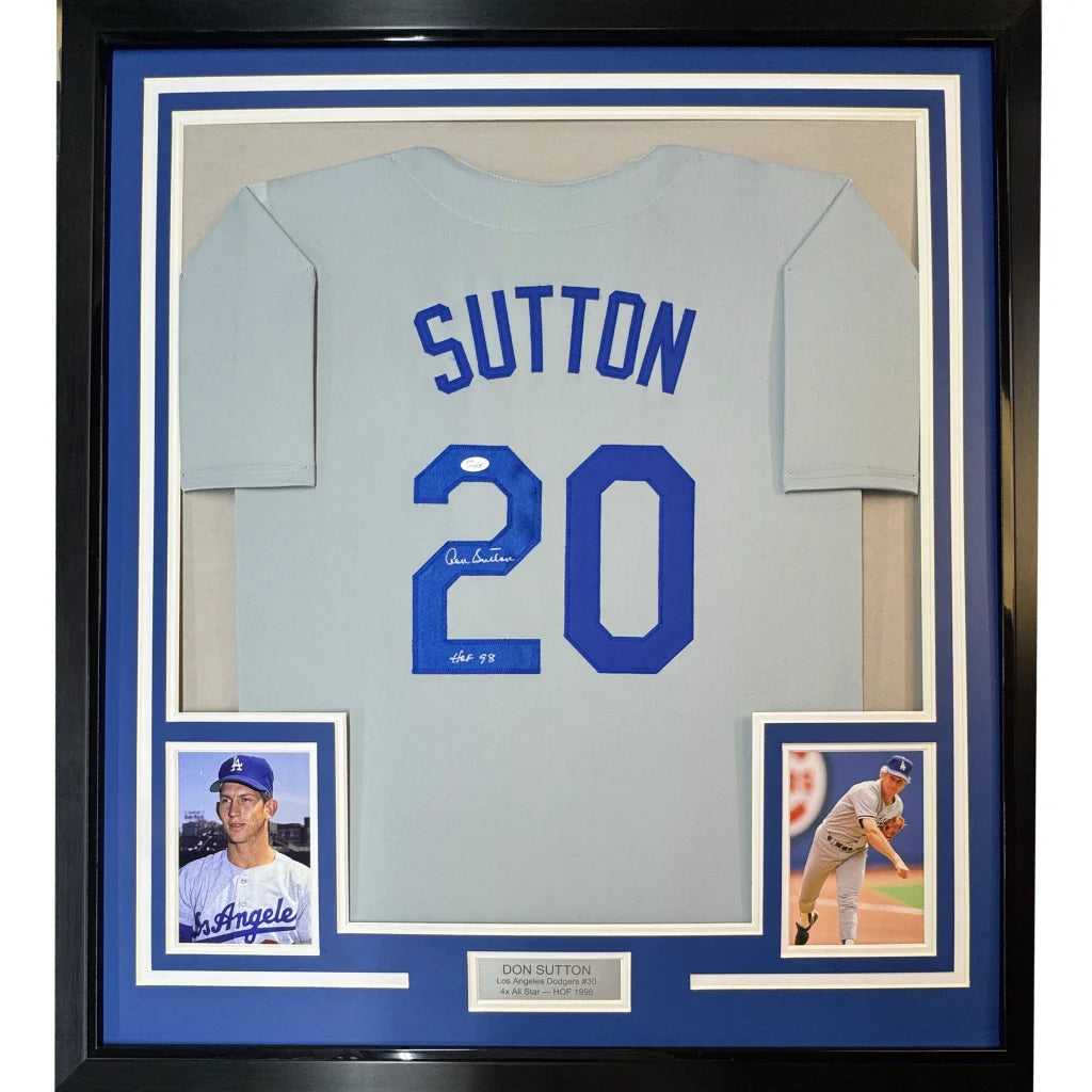 Framed Don Sutton HOF grey baseball jersey with autographed jersey and baseball cards for your man cave