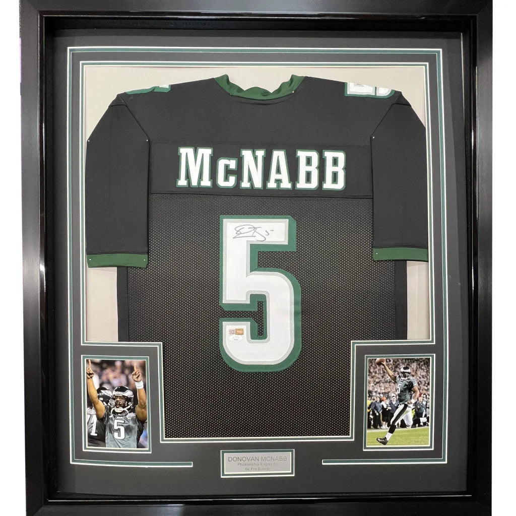 Framed Donovan McNabb black jersey with photos and plaque in museum quality frame