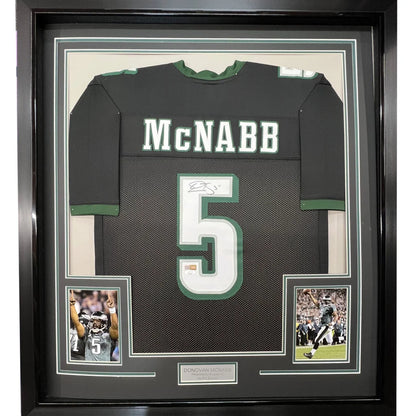 Framed autographed Donovan McNabb black Eagles jersey with number 5 JSA COA