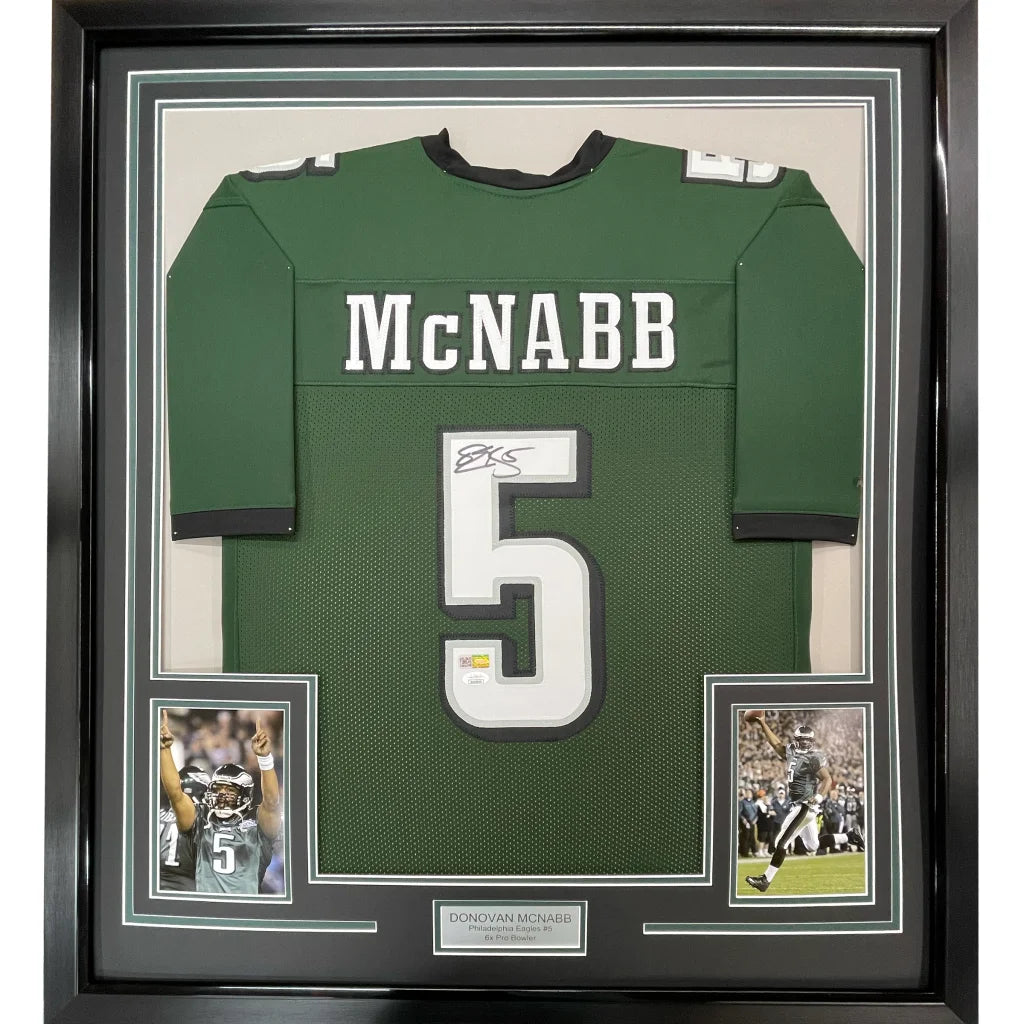 Framed Autographed Donovan McNabb 35x39 Philadelphia Green Football Jersey Beckett BAS COA | Hall of Fame Sports Memorabilia | vintageantiquesgifts.com