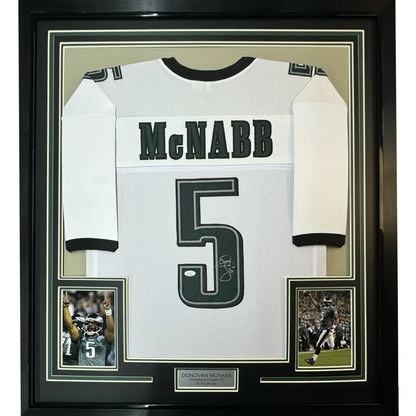 Framed Donovan McNabb #5 Eagles jersey with photos and nameplate for wall display