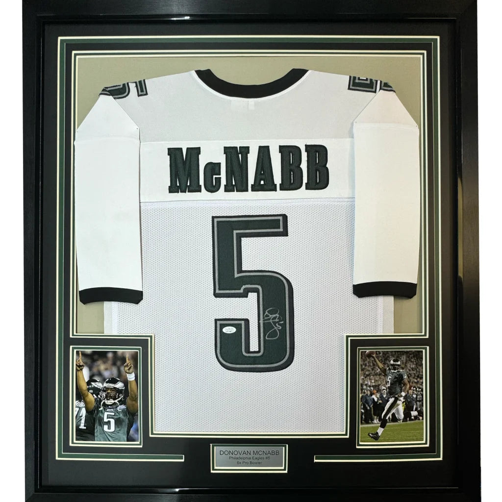 Framed Autographed Donovan McNabb 35x39 Philadelphia White Football Jersey JSA COA | Hall of Fame Sports Memorabilia | vintageantiquesgifts.com