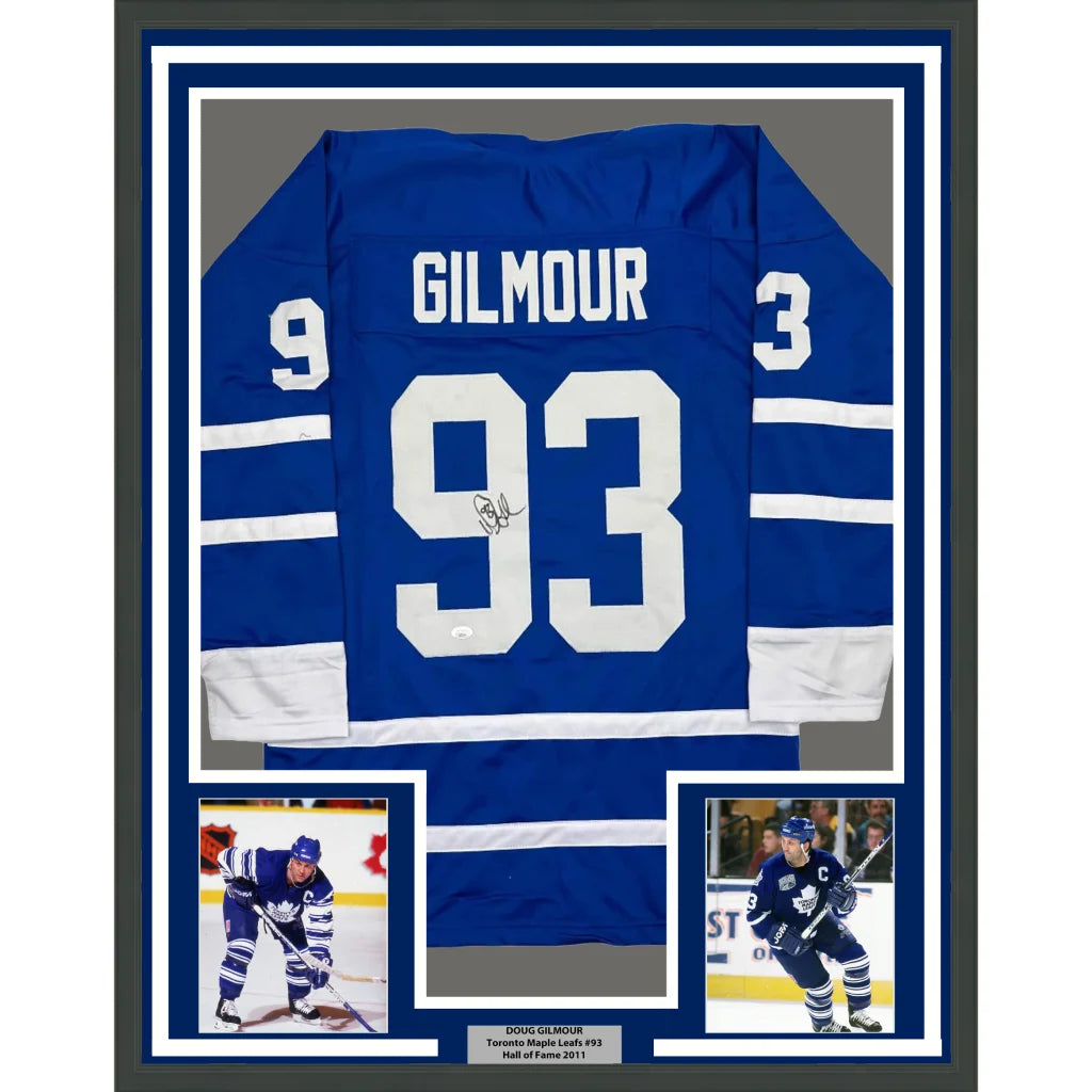 Framed Autographed Doug Gilmour 35x39 Toronto Blue Hockey Jersey JSA COA | Hall of Fame Sports Memorabilia | vintageantiquesgifts.com